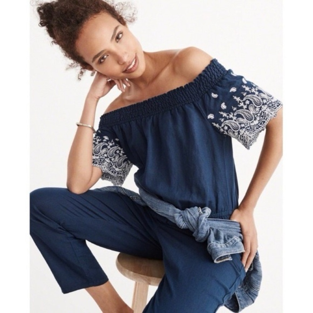Abercombie & Fitch Navy Blue Off The Shoulder Embroiedered Linen Tall Jumpsuit